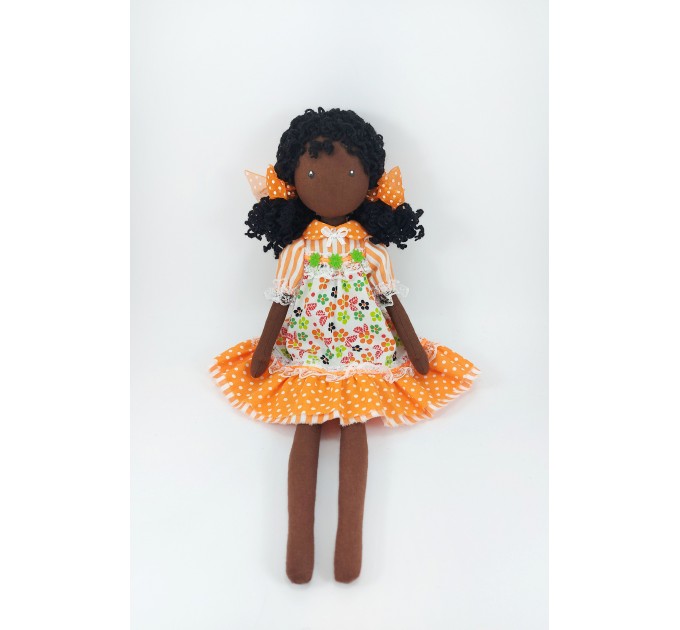 16 Inches Black Doll In A Orange Dress