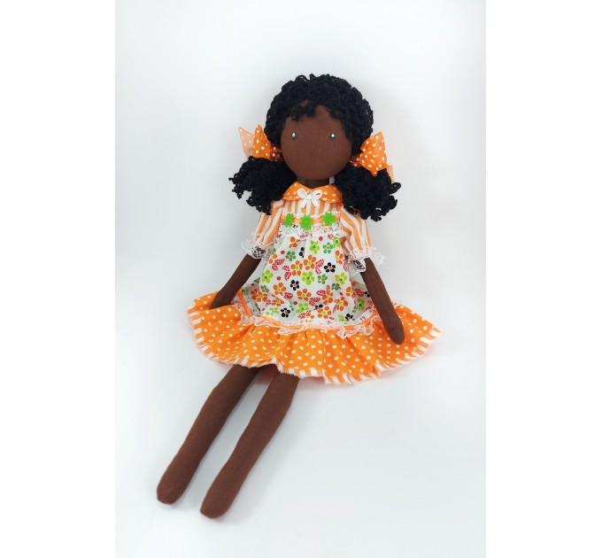 16 Inches Black Doll In A Orange Dress