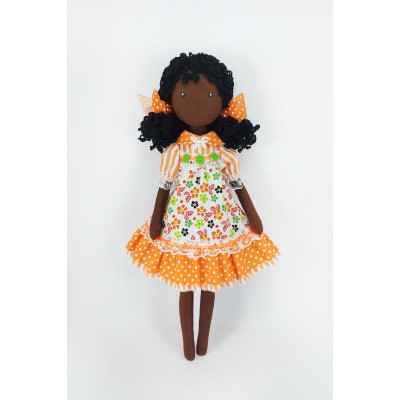 16 Inches Black Doll In A Orange Dress