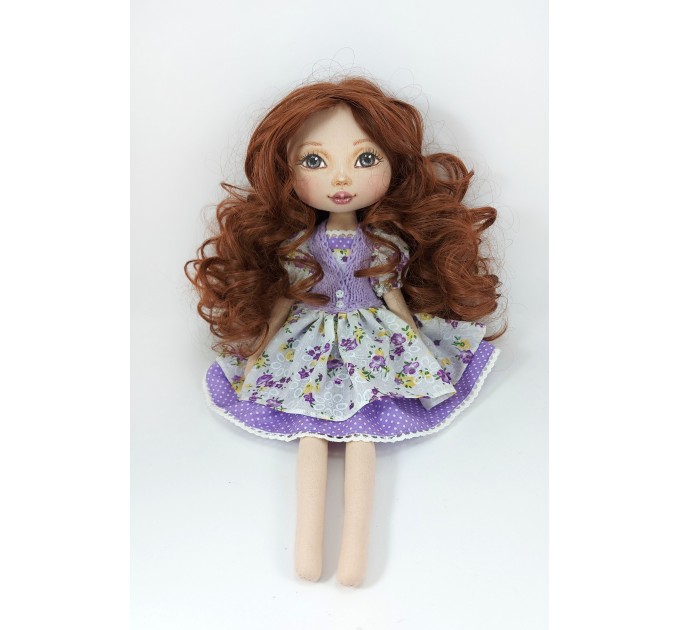 16 Inches Handmade Rag Doll In Purple Dress With Long Wavy Brown Hair