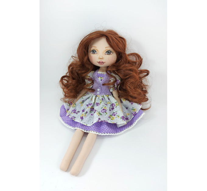 16 Inches Handmade Rag Doll In Purple Dress With Long Wavy Brown Hair