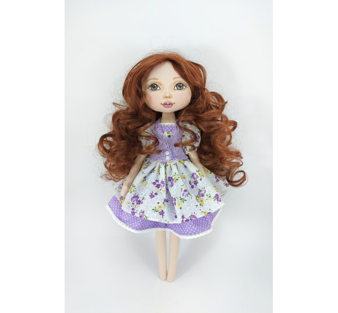 16 Inches Handmade Rag Doll In Purple Dress With Long Wavy Brown Hair