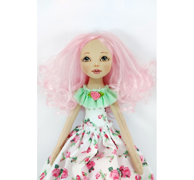 18 Inches Handmade Cloth Doll In A White Dress And Pink Hair