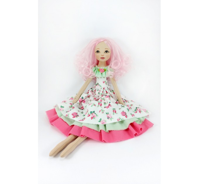 18 Inches Handmade Cloth Doll In A White Dress And Pink Hair