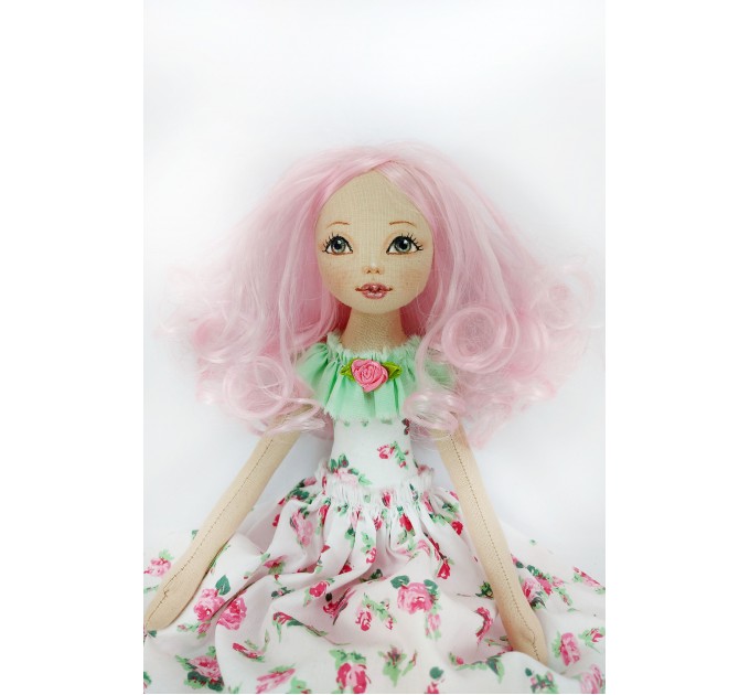 18 Inches Handmade Cloth Doll In A White Dress And Pink Hair