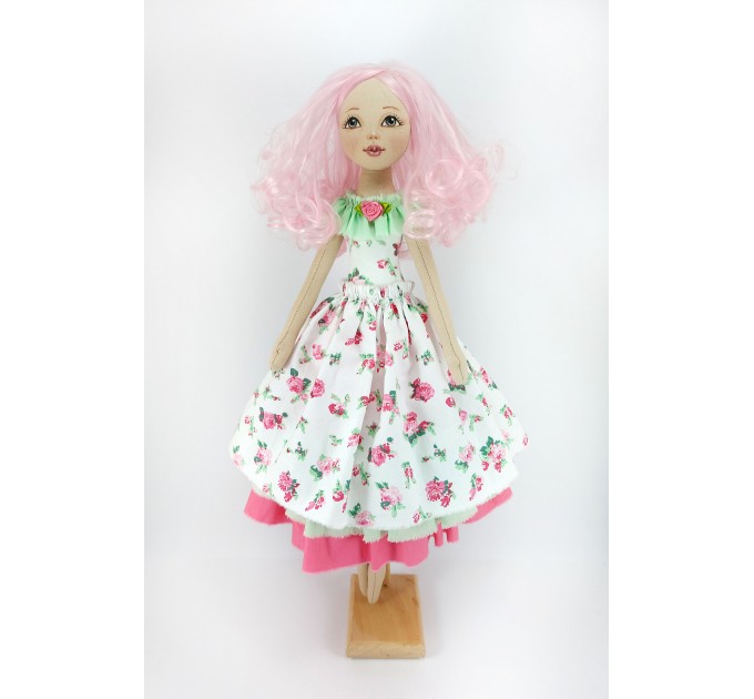 18 Inches Handmade Cloth Doll In A White Dress And Pink Hair