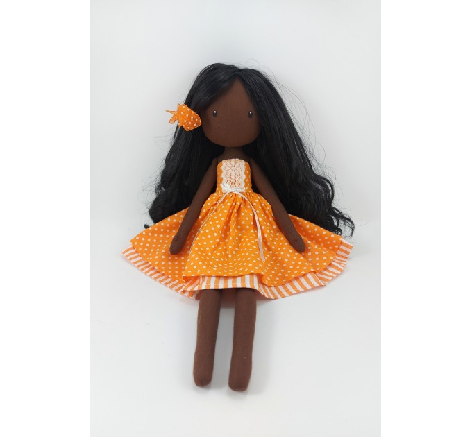 African Doll 15 Inches In A Removable Dress With Long Black Hair