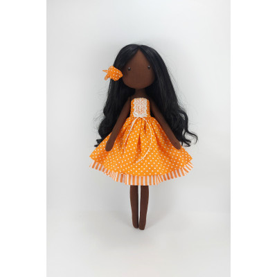 African Doll 15 Inches In A Removable Dress With Long Black Hair