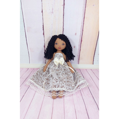 Brown Cloth Doll In A Removable Cotton White Dress