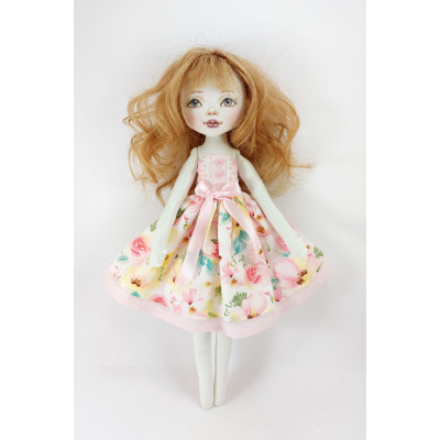 Cloth Doll 15" With Long Brown Hair In A Removable Dress