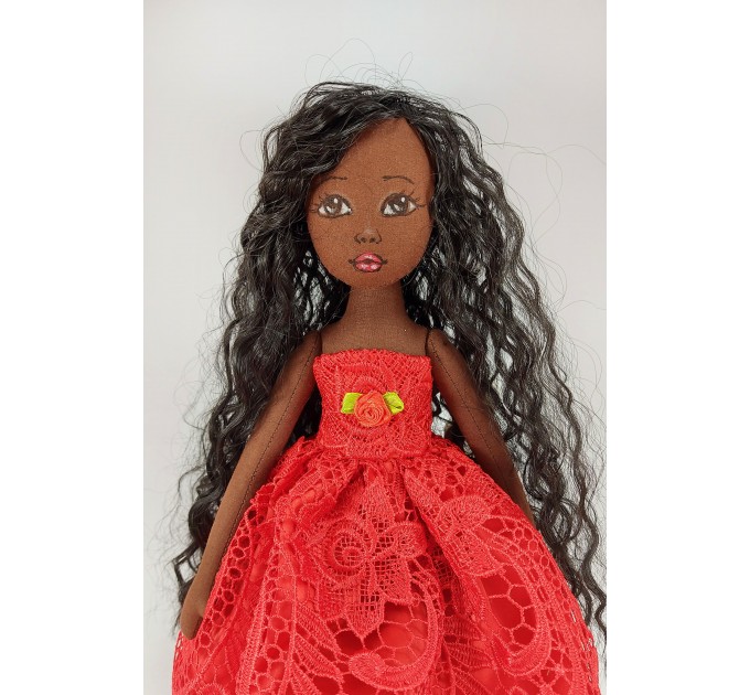 Handmade 18 In Brown Cloth Doll In A Red Dress