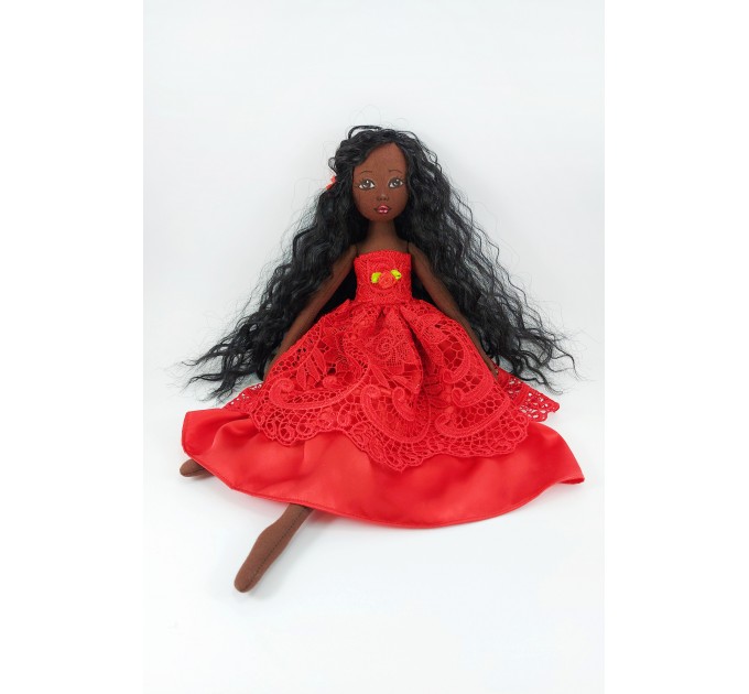 Handmade 18 In Brown Cloth Doll In A Red Dress