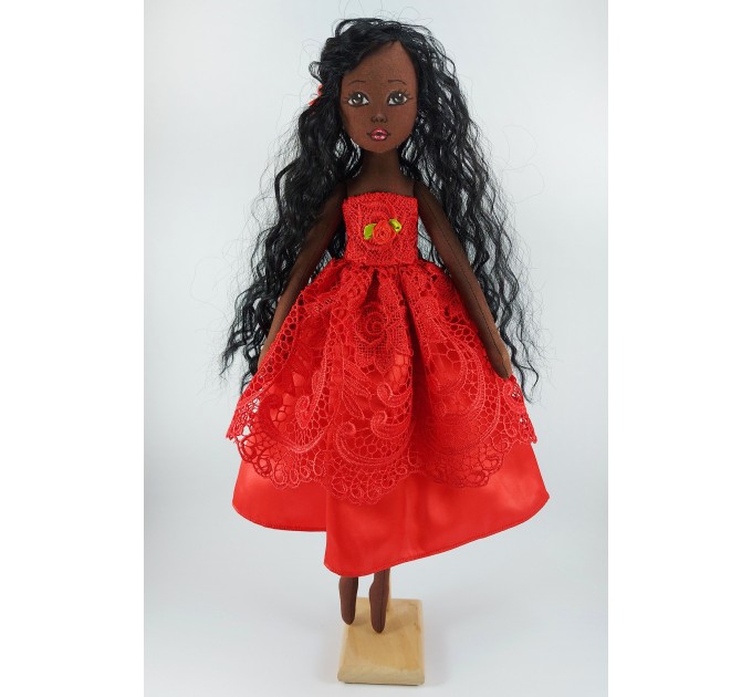 Handmade 18 In Brown Cloth Doll In A Red Dress