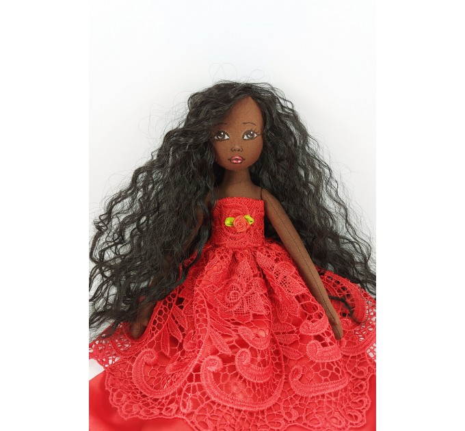 Handmade 18 In Brown Cloth Doll In A Red Dress