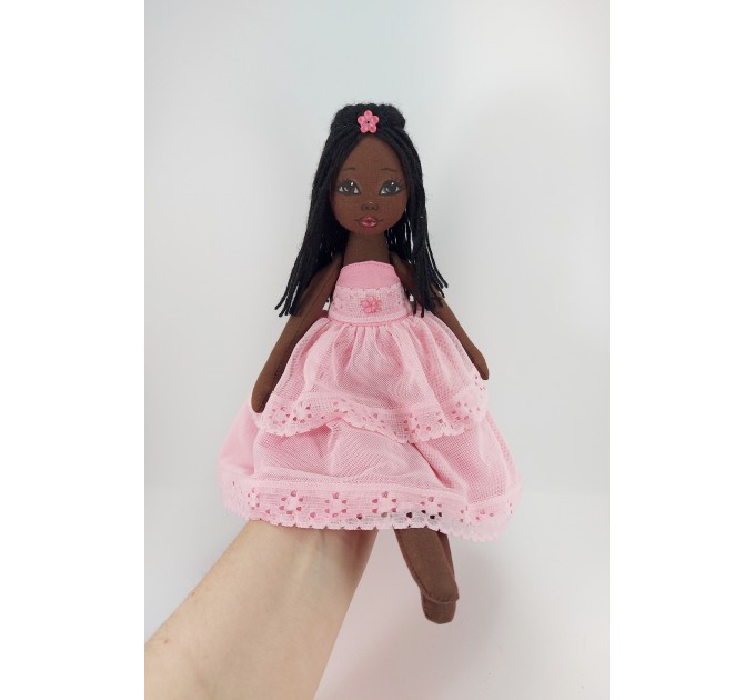 Handmade Black Rag Doll In A Rremovable Pink Dress