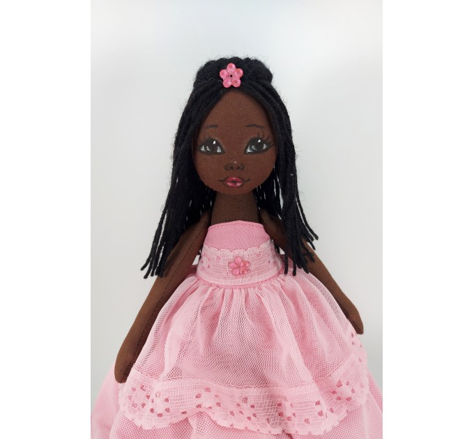 Handmade Black Rag Doll In A Rremovable Pink Dress