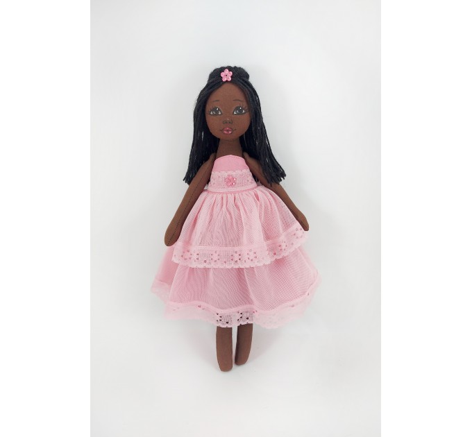 Handmade Black Rag Doll In A Rremovable Pink Dress