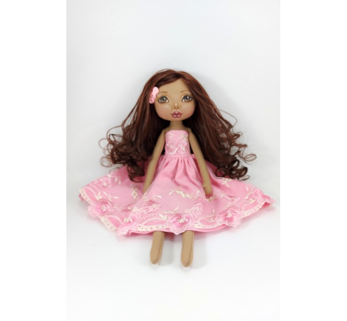 Handmade Brown Rag Doll 16 Inches  In A Pink Dress