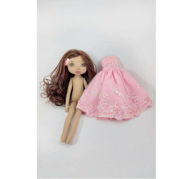 Handmade Brown Rag Doll 16 Inches  In A Pink Dress