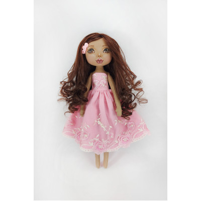 Handmade Brown Rag Doll 16 Inches  In A Pink Dress