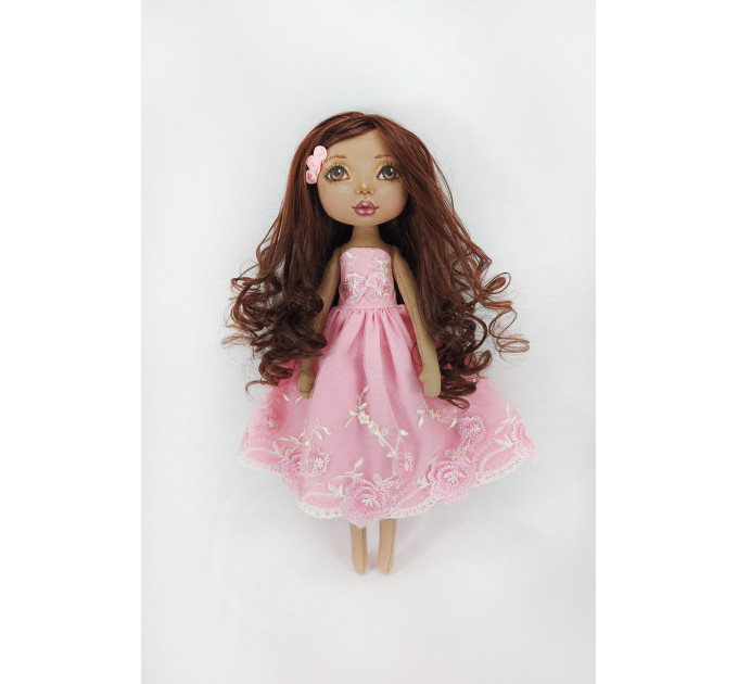 Handmade Brown Rag Doll 16 Inches  In A Pink Dress