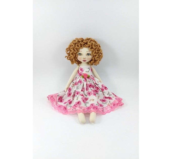 Handmade Cloth Doll In A White Dress With Pink Flowers