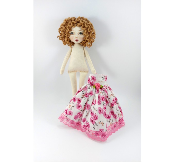 Handmade Cloth Doll In A White Dress With Pink Flowers